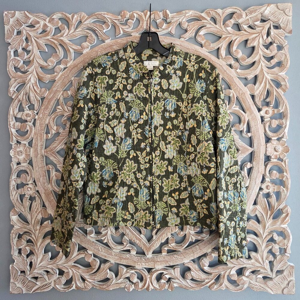 Christopher & Banks Quilted Floral Zip up Jacket Blue Green Black Small